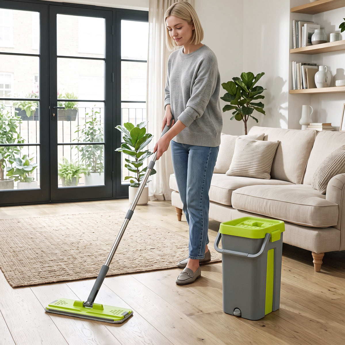 Flat mop and bucket set with green mop pad and wringer bucket in a living room