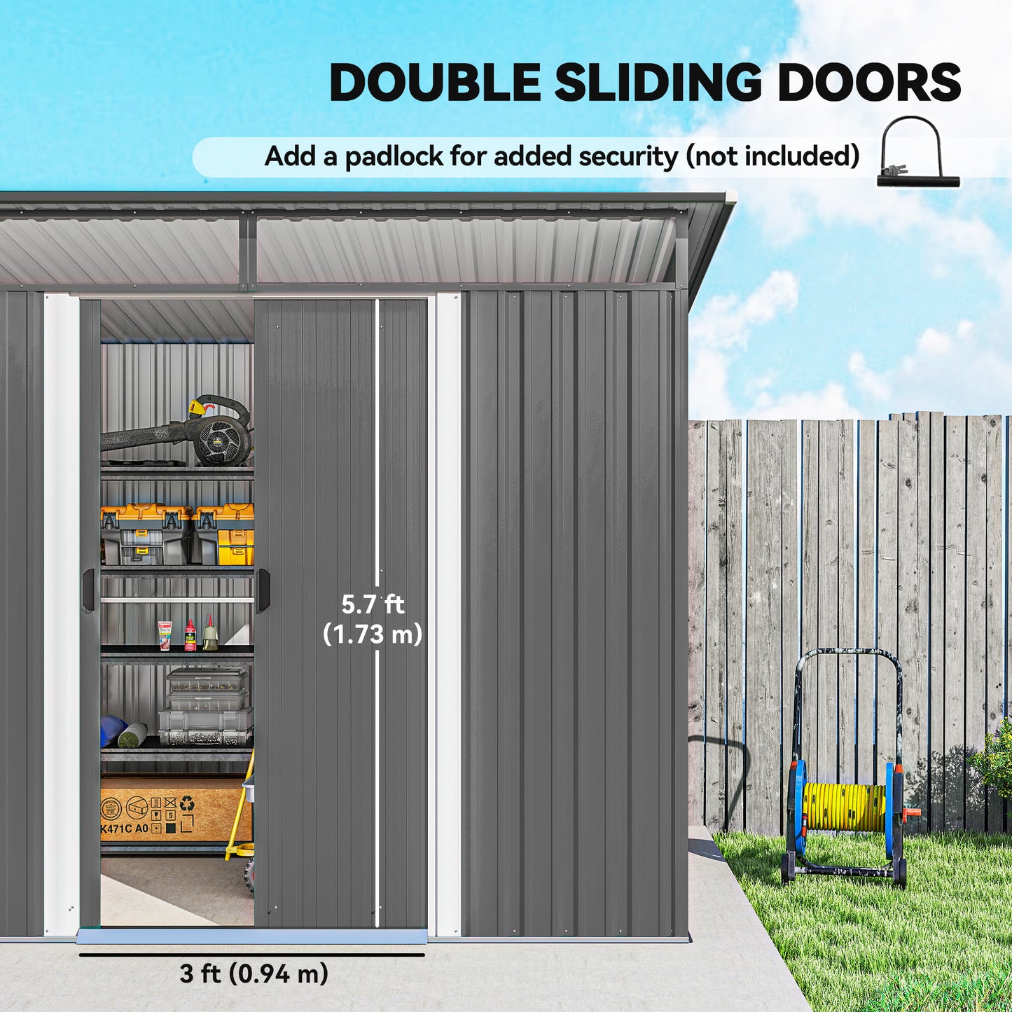 Outsunny 9ft x 6.5ft Garden Storage Shed With Top Window Metal Outdoor Tool House Double Doors Light Grey