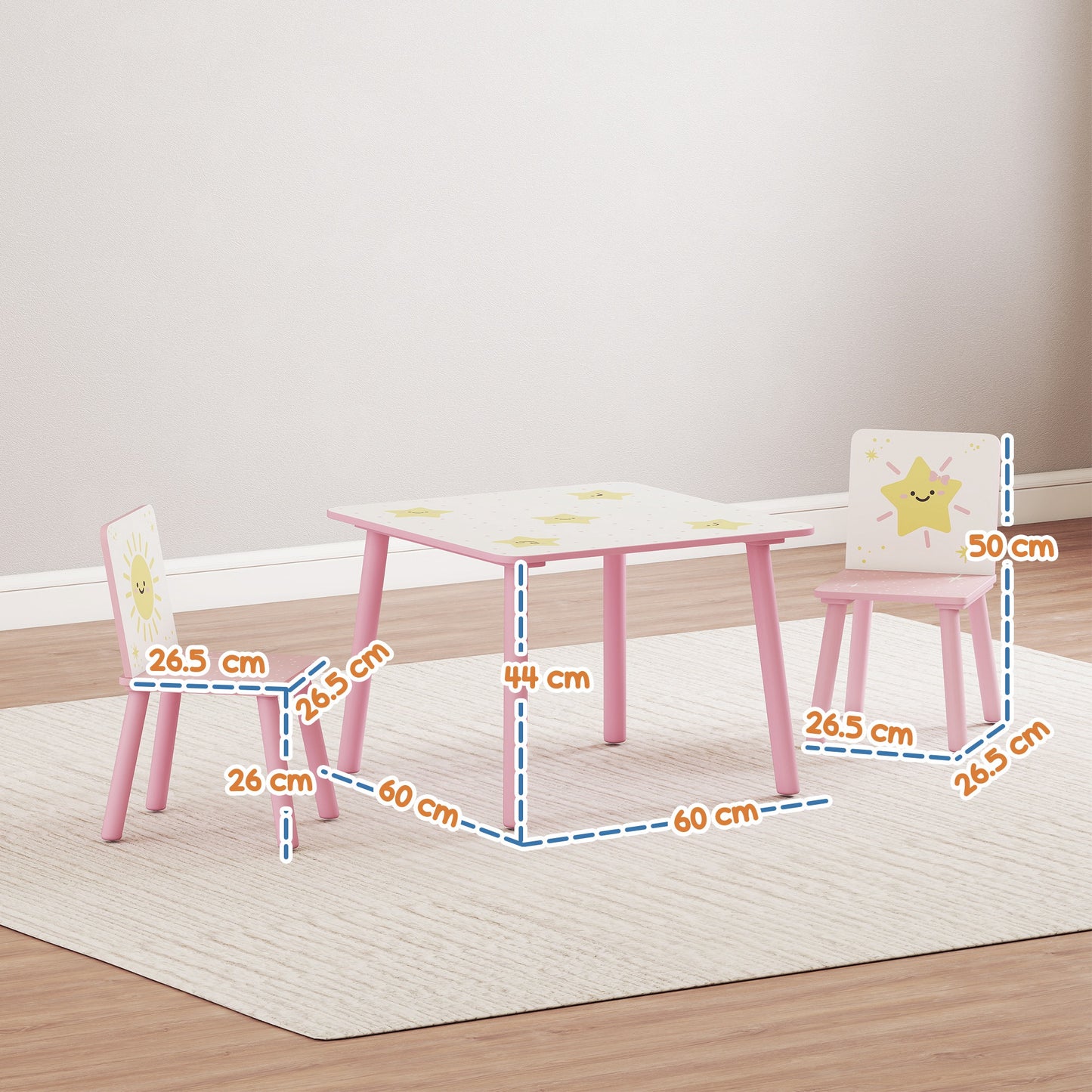 AIYAPLAY 3 Piece Toddler Table and Chair Set Pink With Star Pattern for Bedroom Nursery Playroom Table and 2 Chairs