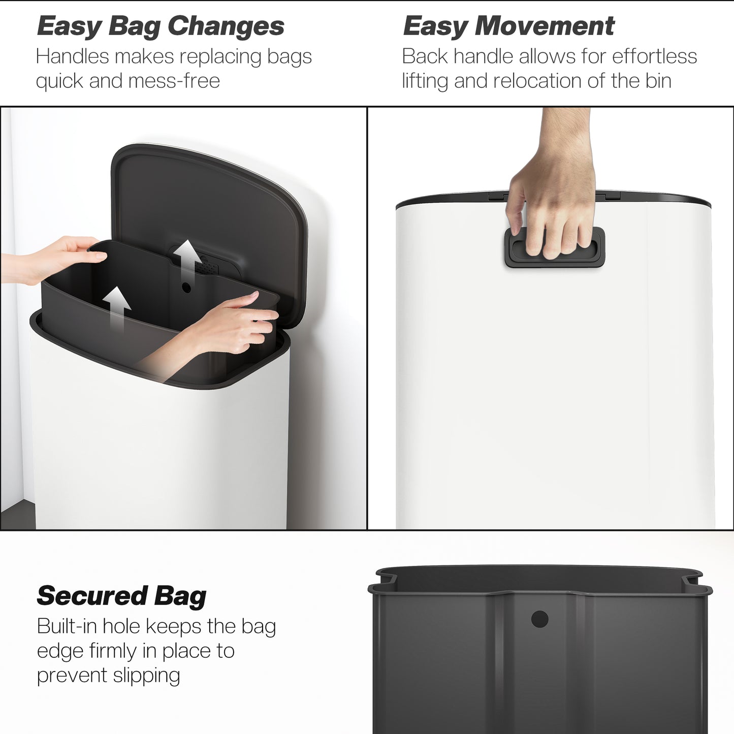 HOMCOM 50L Kitchen Bin With Soft Close Lid Stay Open Function Stainless Steel Pedal Bin Removable Inner Bucket Cream
