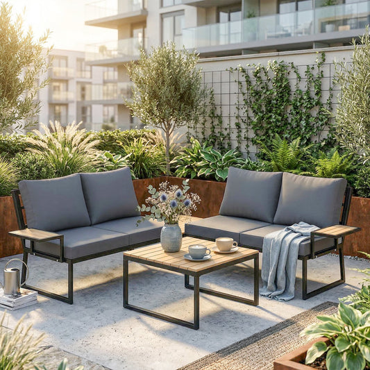 Outsunny 4 Seater Metal Garden Furniture Set With Corner Sofa, Two Loveseats, Two Nesting Tables And Teak Finish