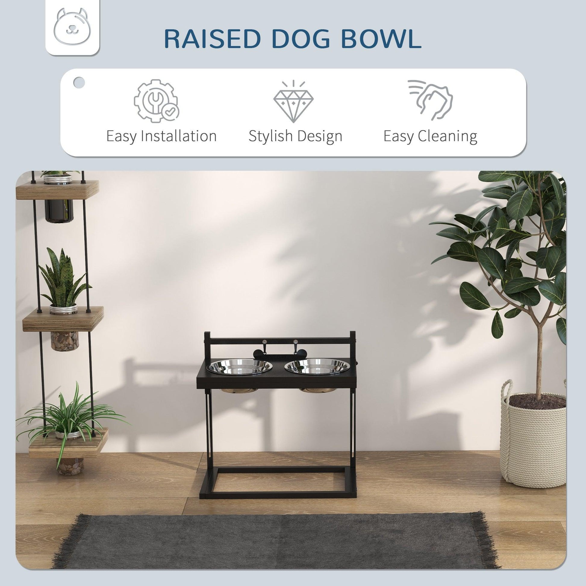 PawHut Dog Bowls with Stand, Adjustable Height Elevated Dog Bowls for Small Medium Large Dogs - Black - ALL4U RETAILER LTD