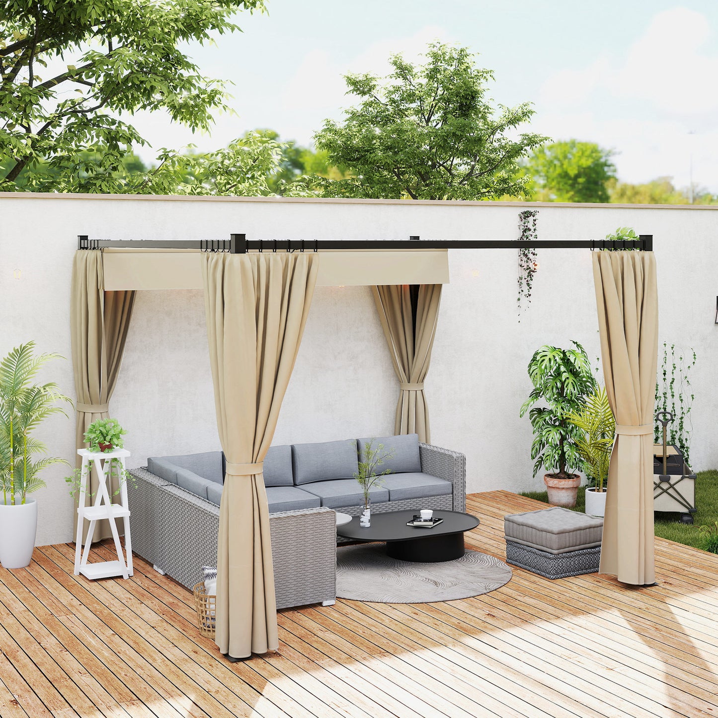 Outsunny 3x3m Retractable Roof Pergola With Curtains Khaki Patio Shade Canopy Outdoor