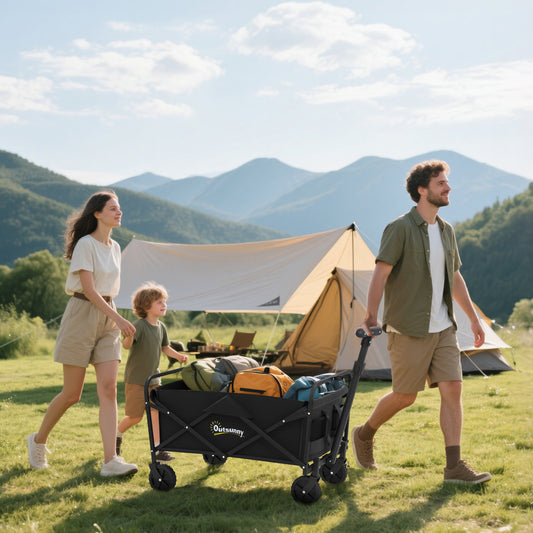 Outsunny 62L Festival Trolley On Wheels Beach Cart 120 Kg Heavy Duty Collapsible Wagon With Adjustable Handle Black
