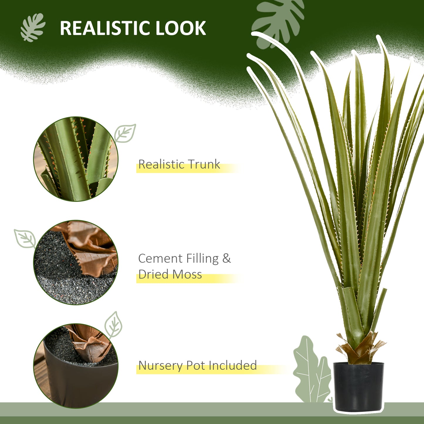 HOMCOM Agave Succulent Artificial Plant in Pot for Home Indoor Outdoor Decor 15x15x90cm Green