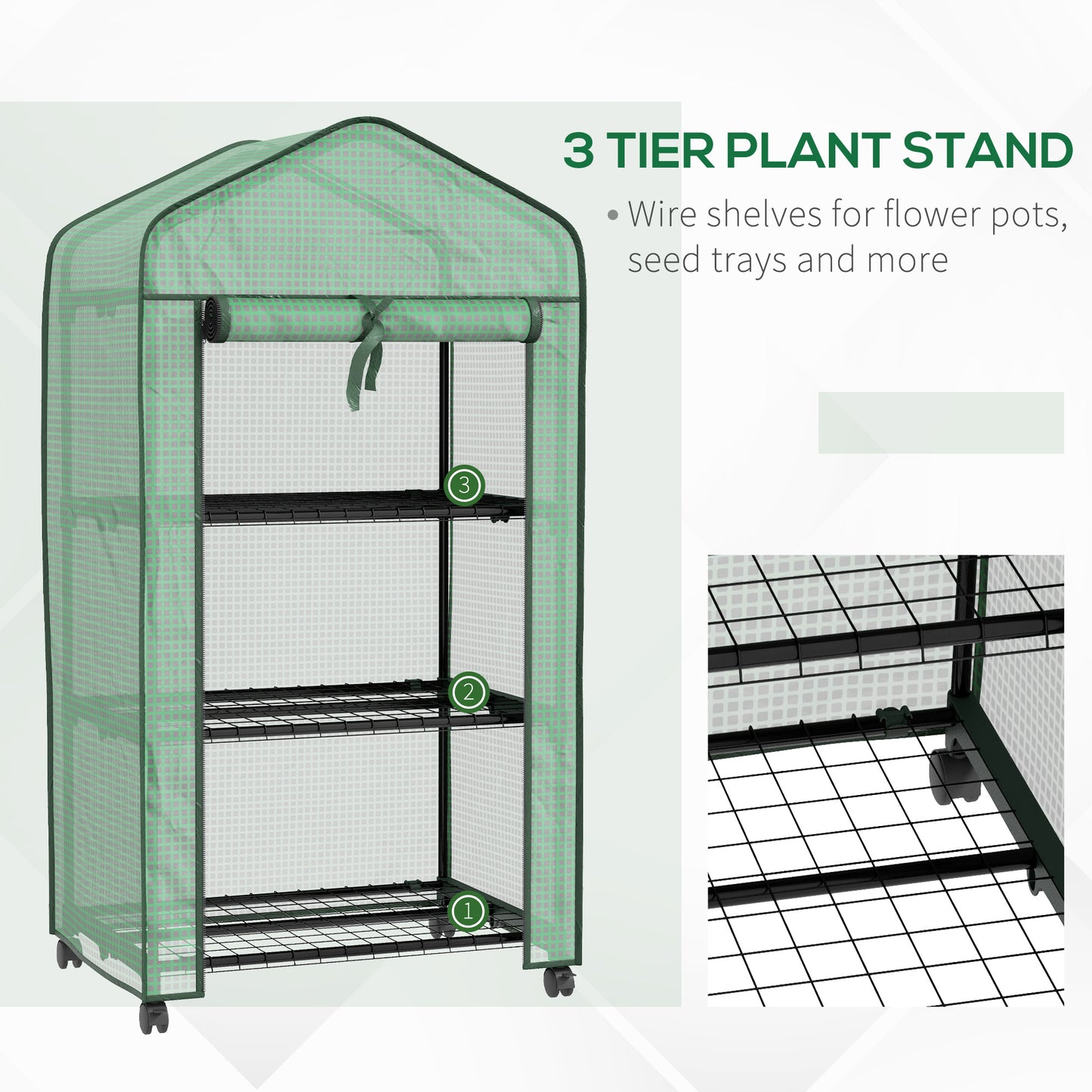 Outsunny Compact Three-Tier Greenhouse with Wheels - Green