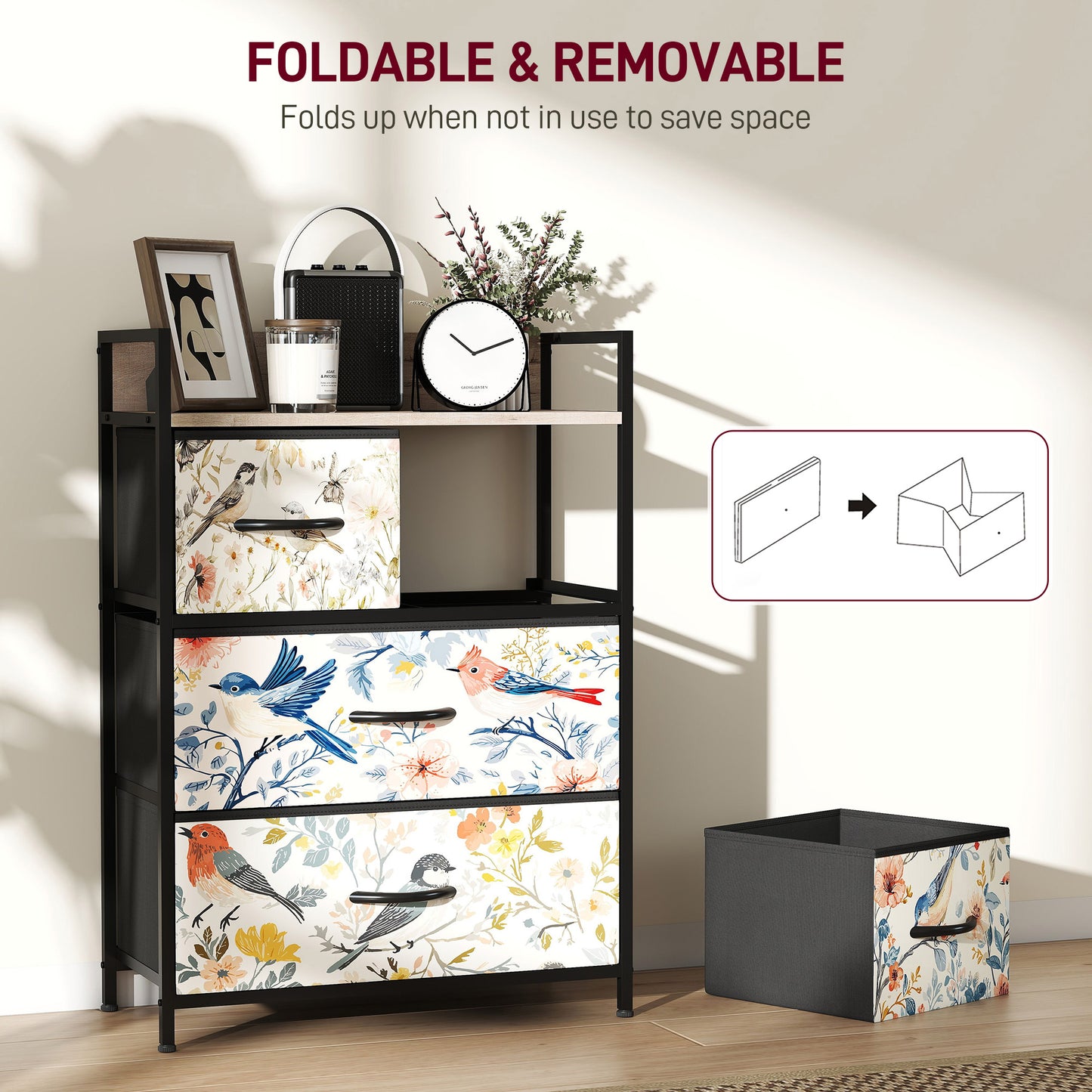 HOMCOM 4 Drawer Chest Of Drawers White With Removable Fabric Drawers And Patterned Panels