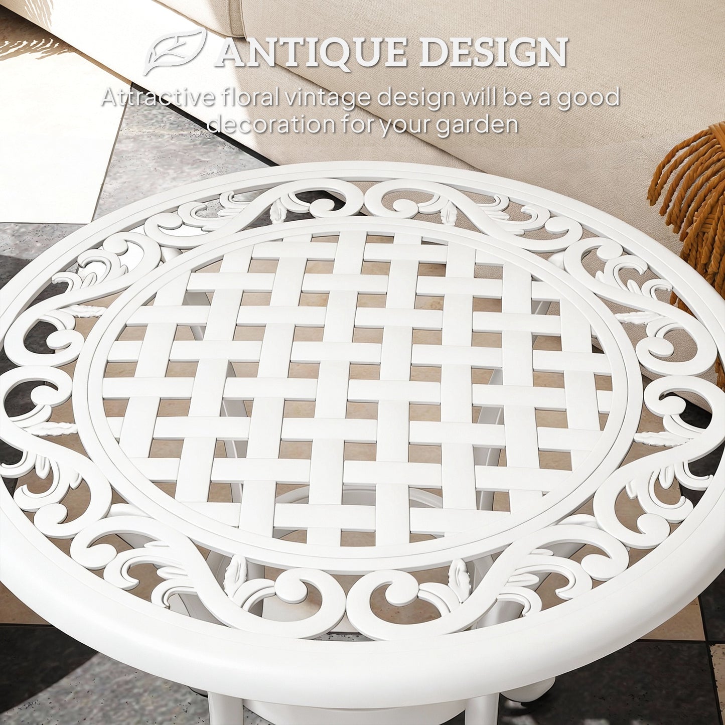 Outsunny 60 cm Round Garden Table Cast Aluminium Outdoor Patio Table White Elegant Cutout Top