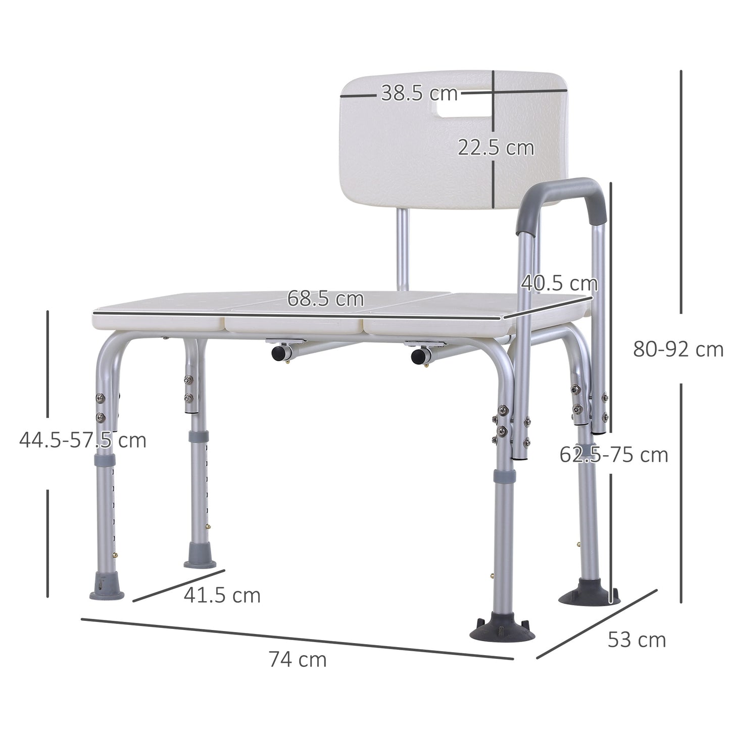 HOMCOM Adjustable Height Bath Transfer Bench with Armrest and Backrest for Elderly and Disabled - Non-Slip Shower Chair, 300 lbs Capacity, White - ALL4U RETAILER LTD