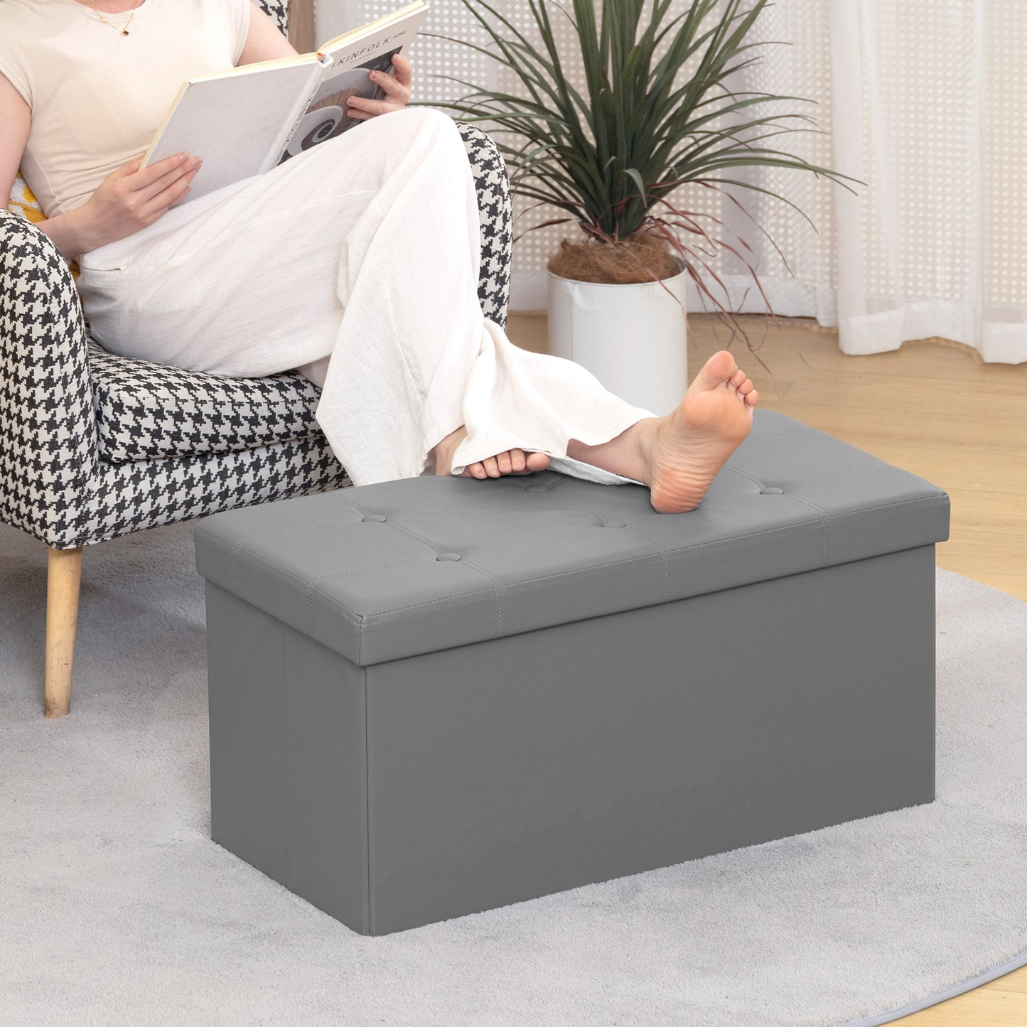 HOMCOM Storage Ottoman Bench 89L PU Leather Folding Foot Rest Stool End Bed Bench For Living Room Bedroom Entryway Grey