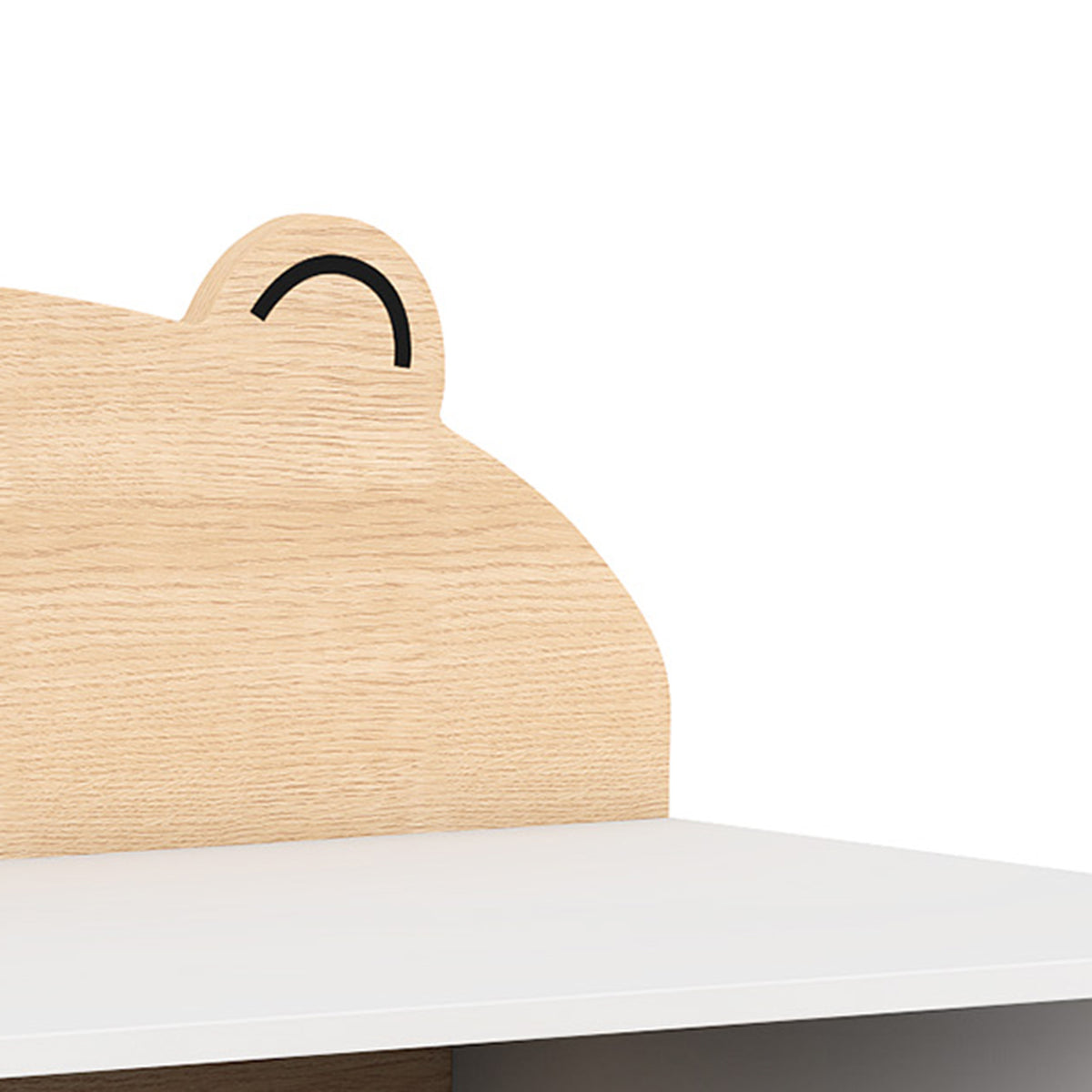 Close-up of bear-shaped wooden back panel on the kids learning table