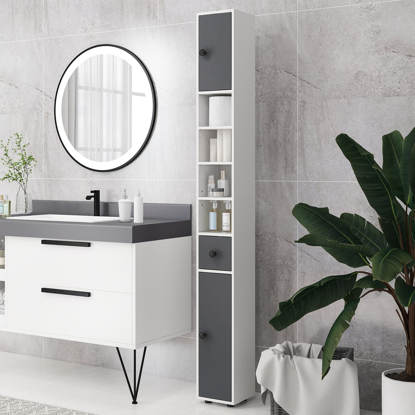 Kleankin Slim 180cm Tall Bathroom Storage Cabinet with Adjustable Shelves and Open Shelves - ALL4U RETAILER LTD