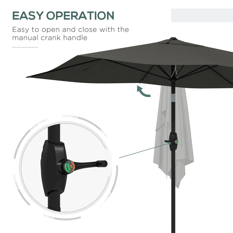 Outsunny 2 x 3m Rectangular Garden Parasol Umbrella - Dark Grey | Outdoor Market Sun Shade with Crank, Push Button Tilt, Aluminium Pole, 6 Ribs