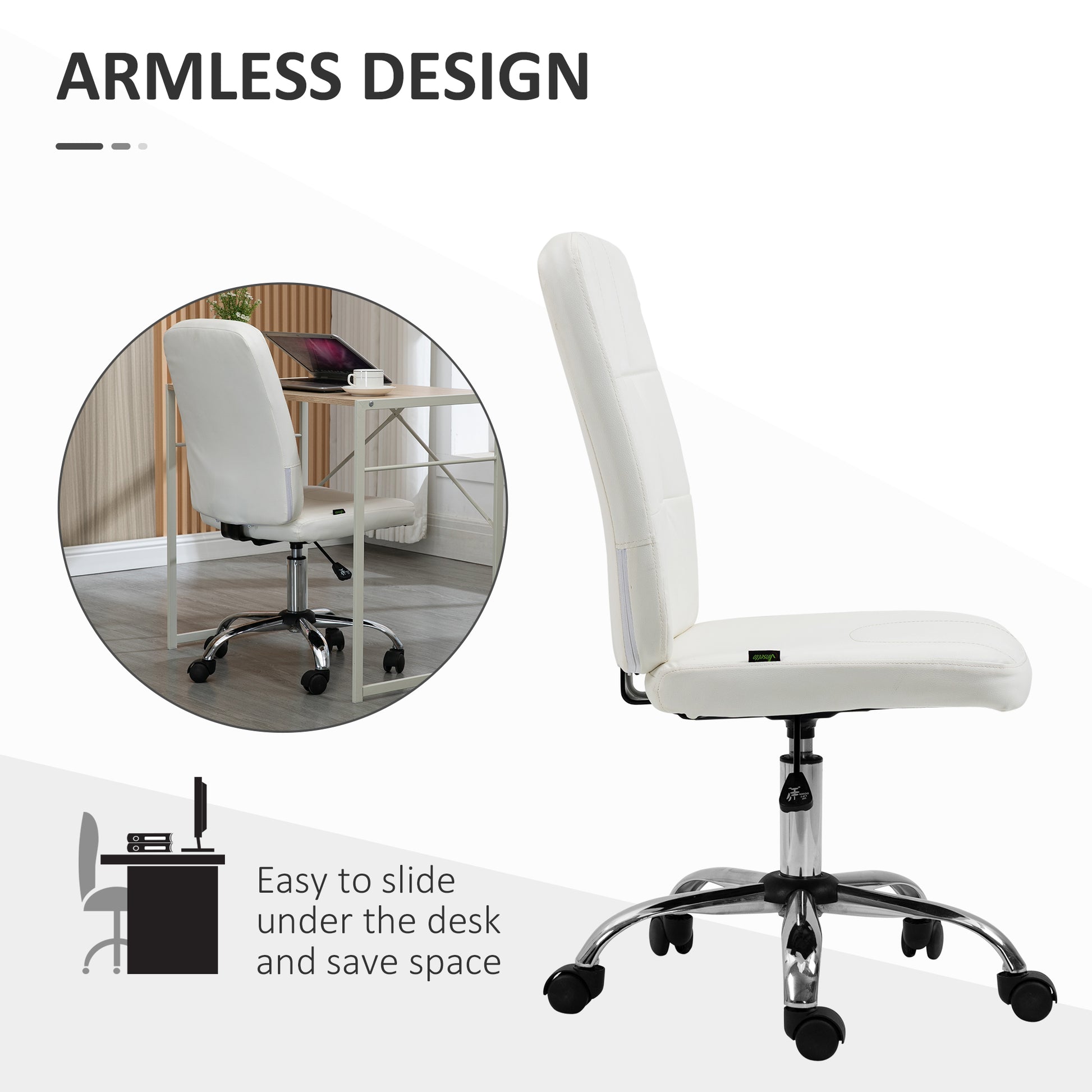 Vinsetto Armless White Faux Leather Office Chair with Adjustable Height and Swivel Wheels - ALL4U RETAILER LTD