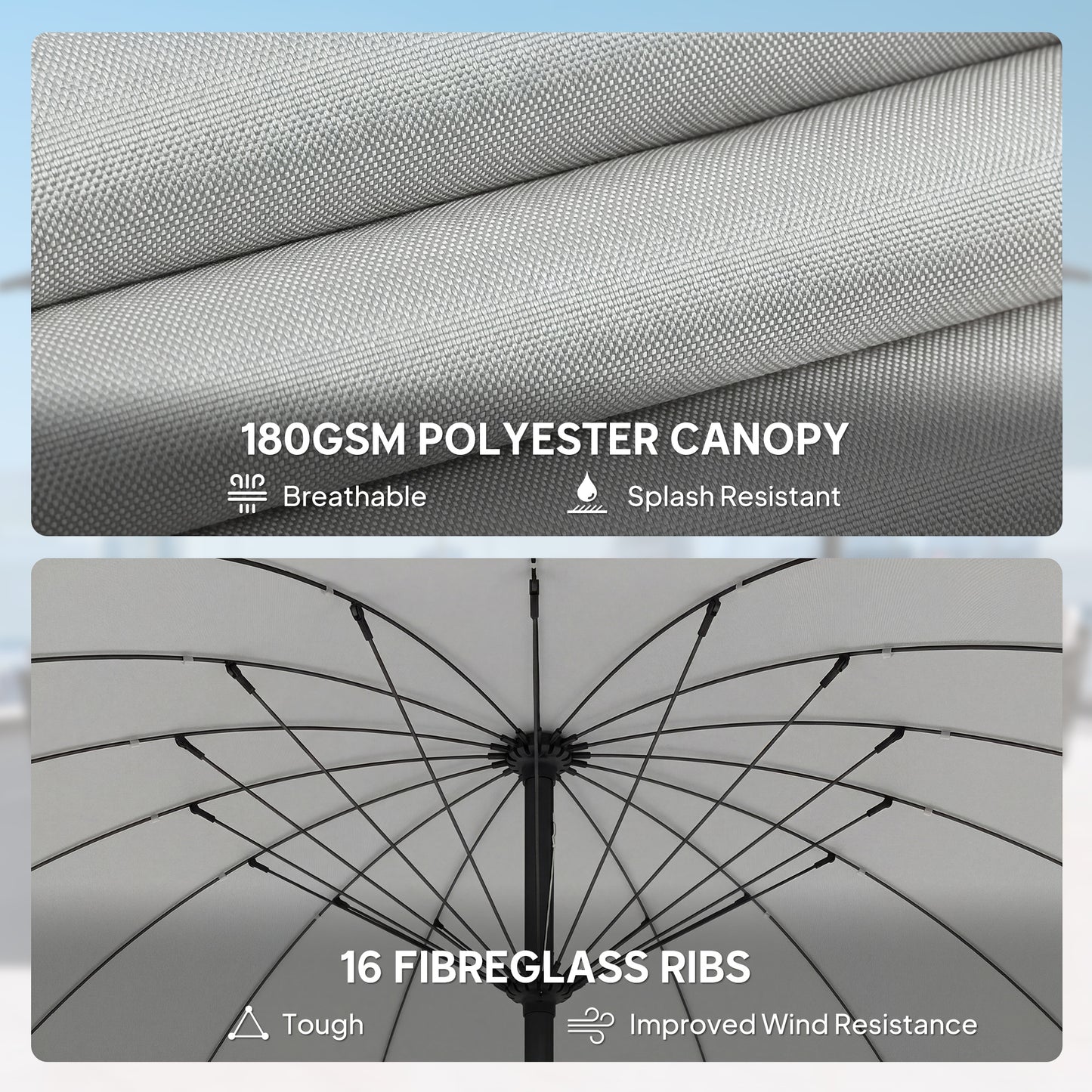 Outsunny 2 Meter Shanghai Garden Parasol Umbrella With 16 Fibreglass Ribs And Crank Tilt UPF30 Plus Light Grey