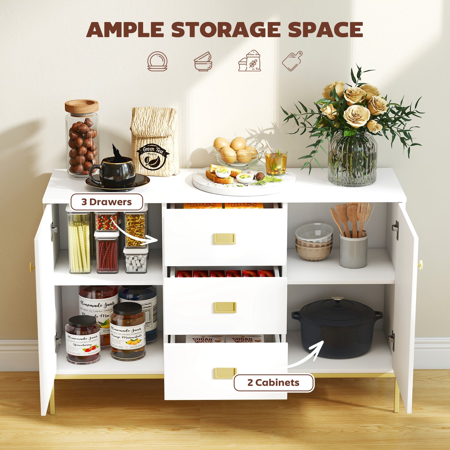 HOMCOM Modern White And Gold Sideboard With Storage Two Cupboards Three Drawers Adjustable Shelves