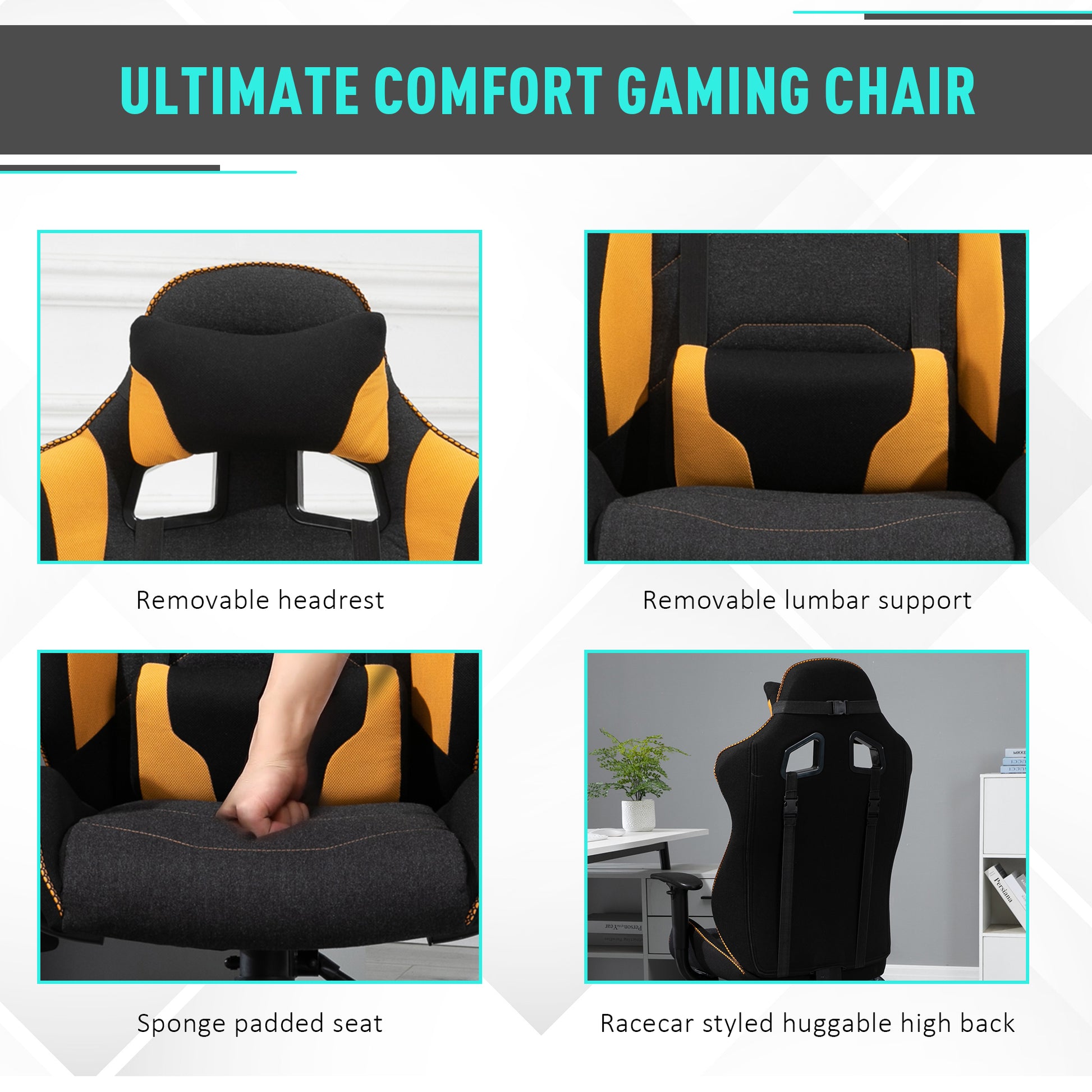 Vinsetto Ergonomic Racing Gaming Chair with Yellow Accents - 360° Swivel, Adjustable Height, Neck & Back Support - ALL4U RETAILER LTD