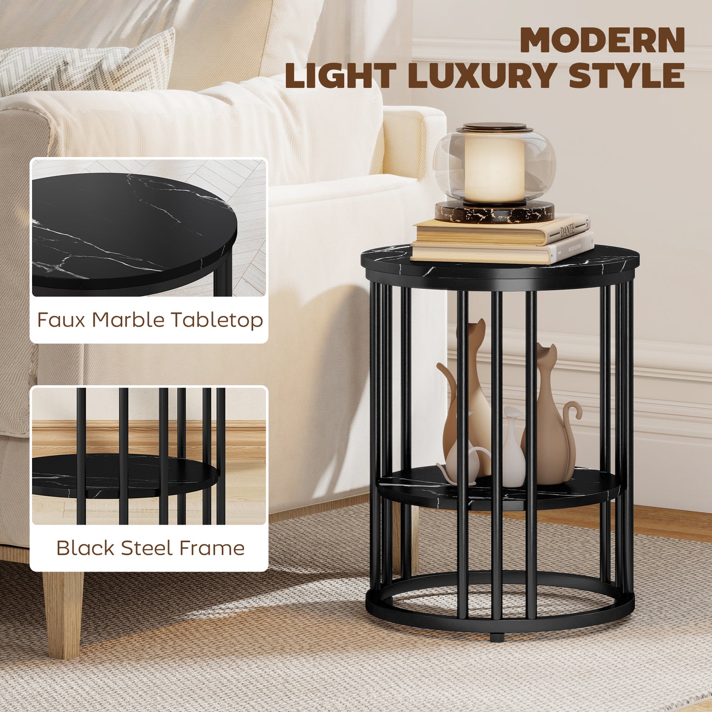 HOMCOM Marble Effect Coffee Tables Set of Two with Black Steel Frame and Two Tier Design