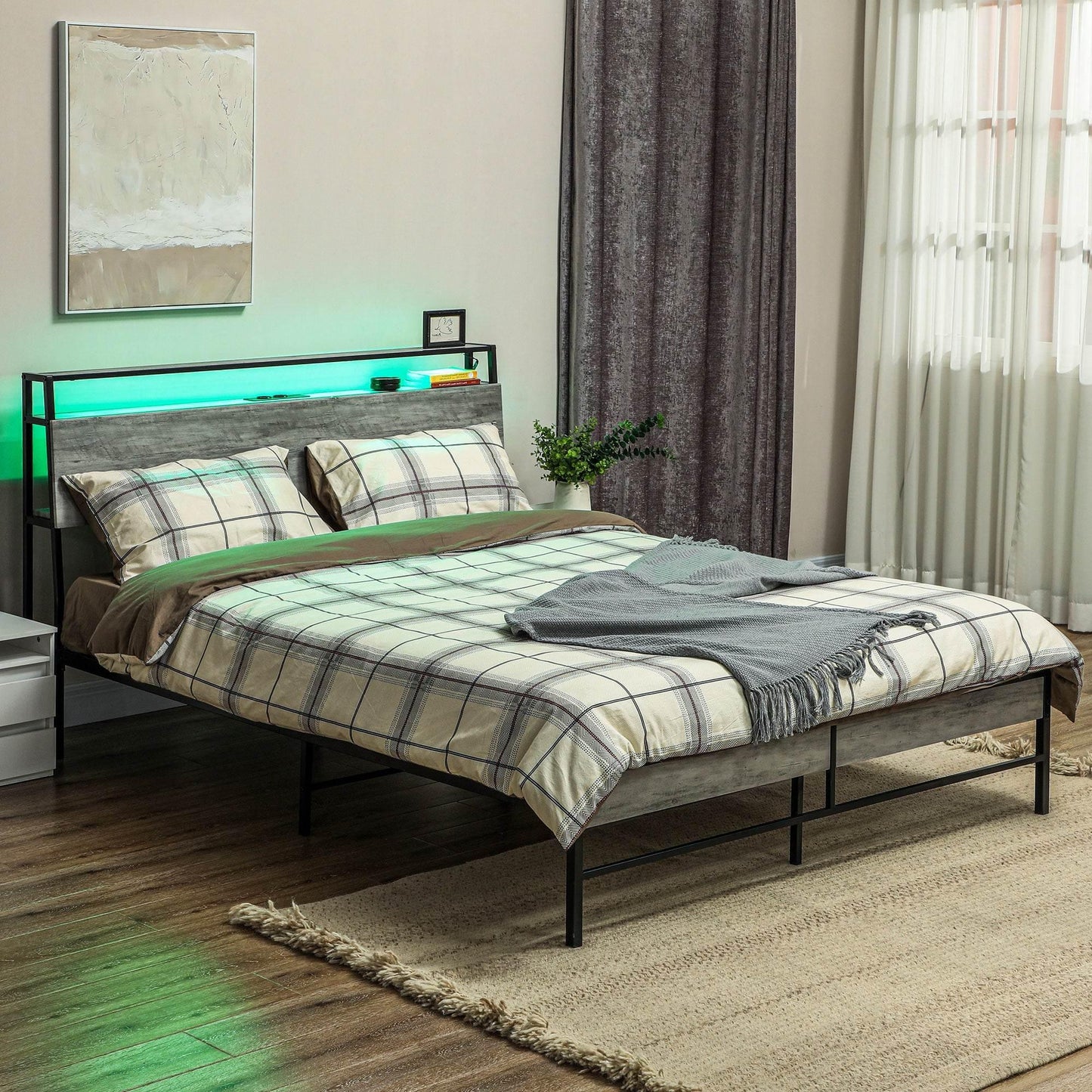 HOMCOM Grey Double Bed Frame with LED Lighting and Tri-Level Headboard Storage - ALL4U RETAILER LTD