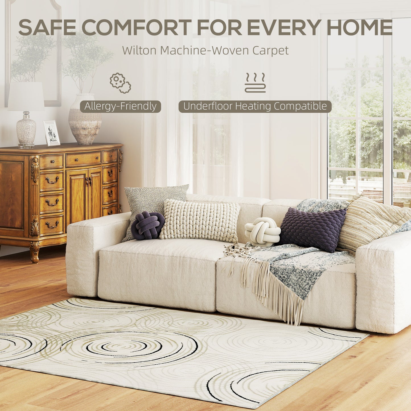 HOMCOM Modern Area Rug Swirl Pattern Machine Washable Allergy Friendly Floor Carpet 170 X 120 Cm Cream White