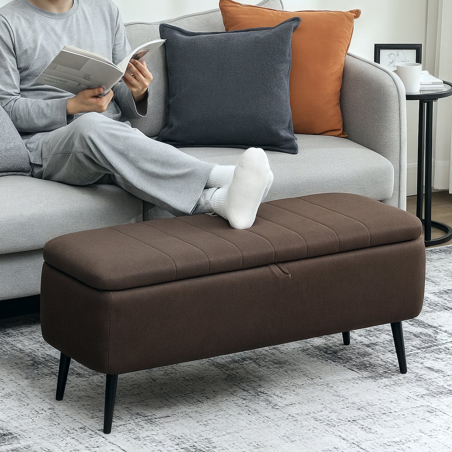 HOMCOM Linen Look Storage Ottoman 92 By 31 Cm Dark Brown With Padded Lid For Living Room And Bedroom