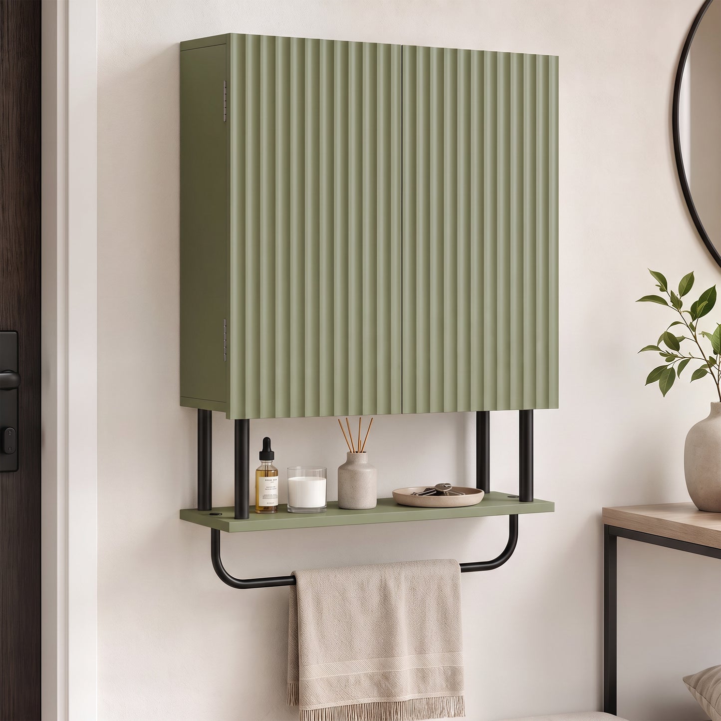 Homcom Bathroom Wall Cabinet With Storage Shelf And Towel Bar Green