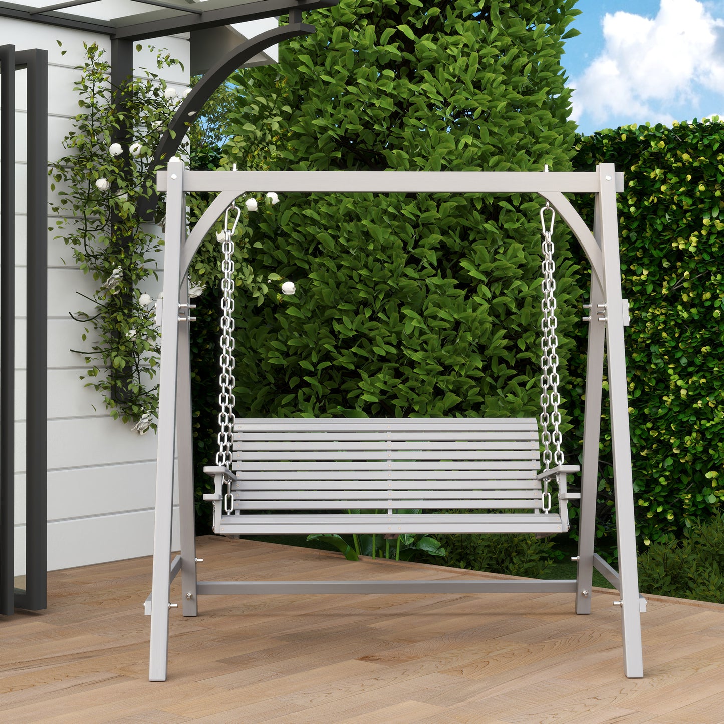 Outsunny 2 Seater Garden Swing Chair Bench In Grey With Cup Holders Solid Larch Wood Construction For Outdoor Patio