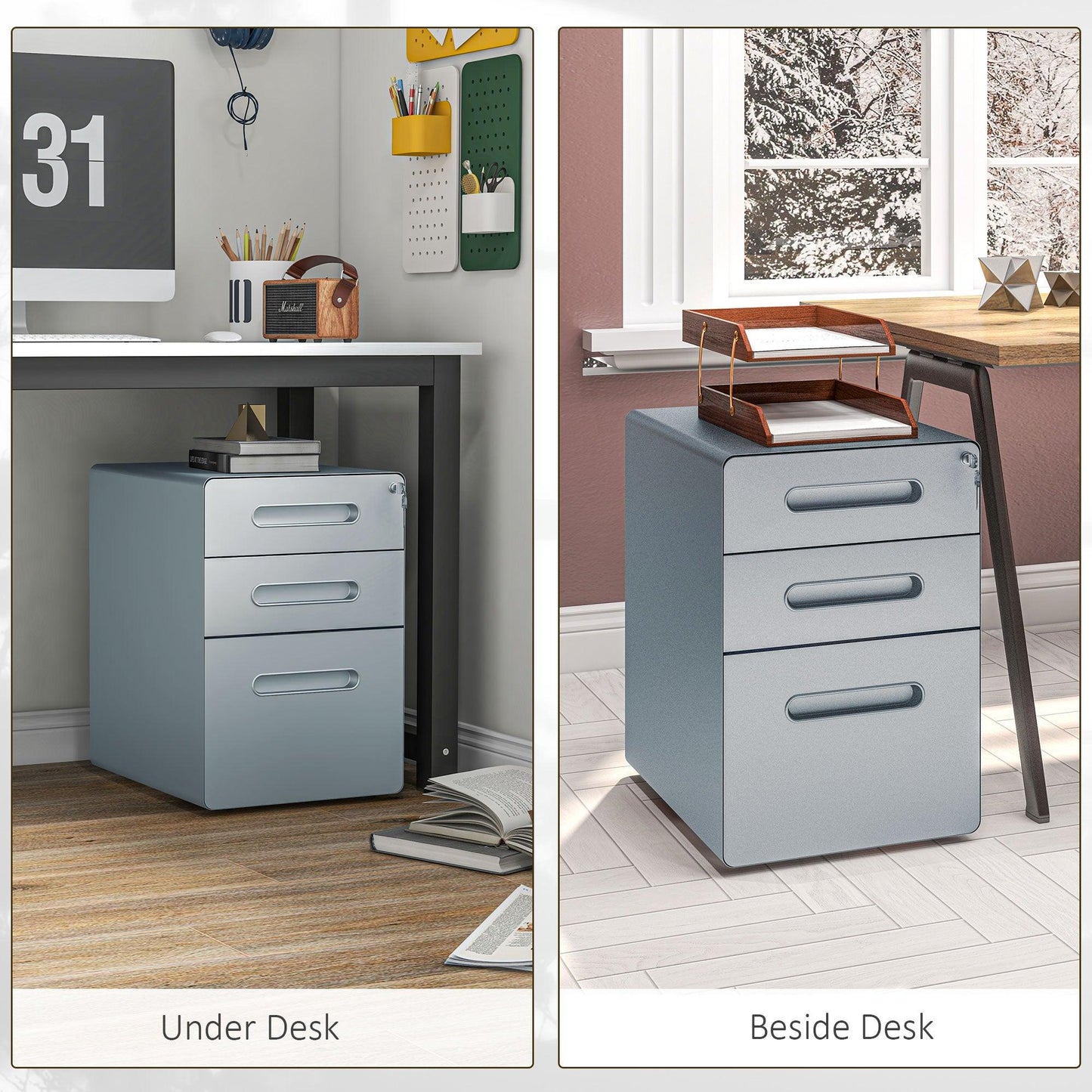 Vinsetto 3 Drawer Modern Steel Filing Cabinet w/ 4 Wheels Lock Pencil Box Grey - ALL4U RETAILER LTD