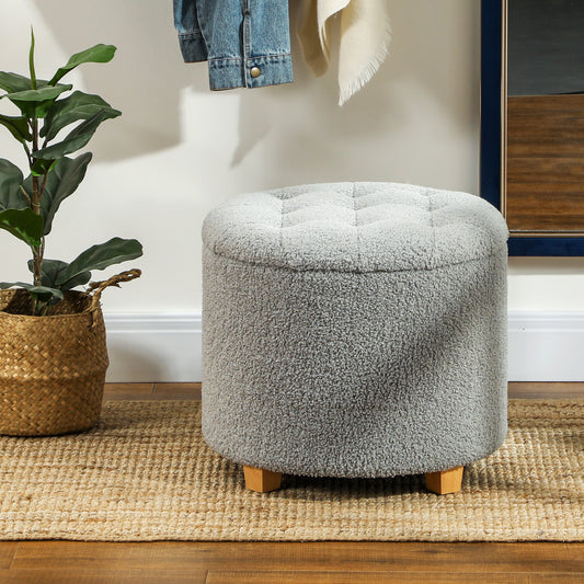 HOMCOM 40.5L Teddy Fleece Storage Ottoman Grey with Button Tufted Lid for Cozy Seat and Storage