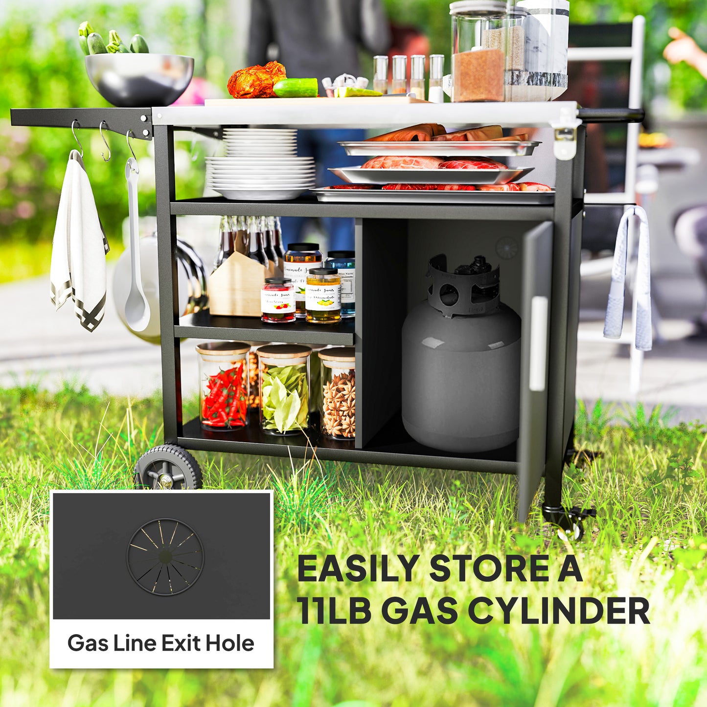 Outsunny Outdoor BBQ Trolley With Foldable Side Table Stainless Steel Top Wheels Shelves Cabinet Movable Grill Cart