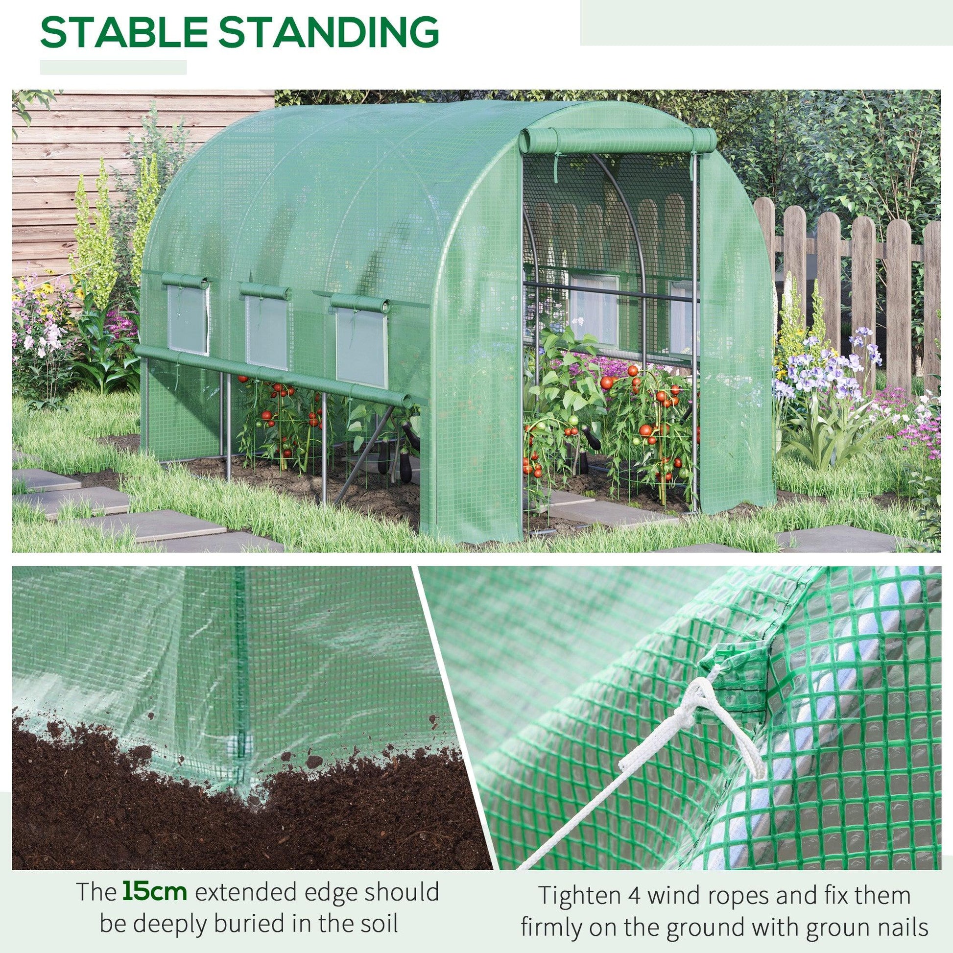 Outsunny 3 x 2 x 2m Polytunnel Green House w/ UV-resistant PE Cover, Green - ALL4U RETAILER LTD