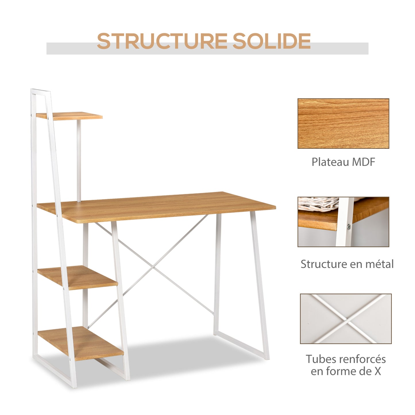 HOMCOM Compact Natural Wood Home Office Desk with 3-Tier Shelving for Small Spaces - ALL4U RETAILER LTD