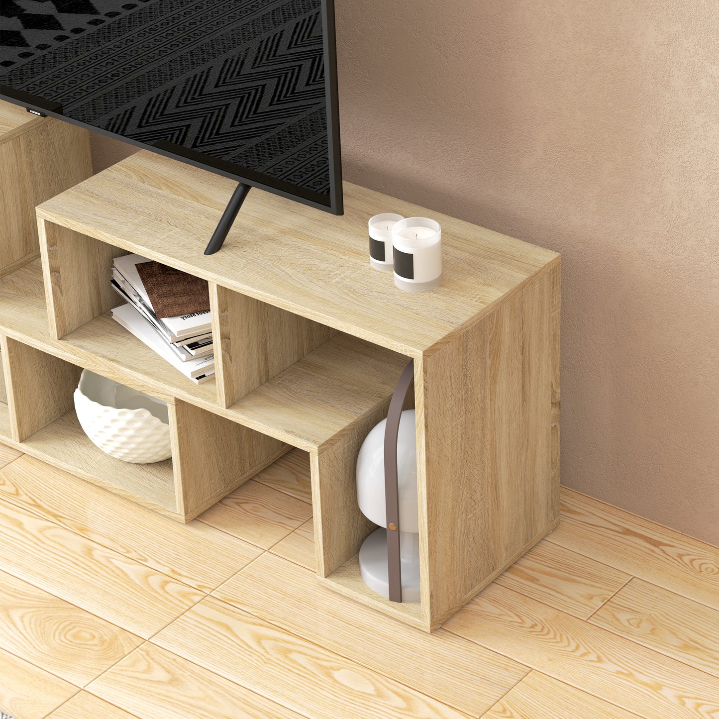 HOMCOM Three Block Modular TV Stand Grey Wood Effect with Six Shelves for Up to 75 Inch TVs