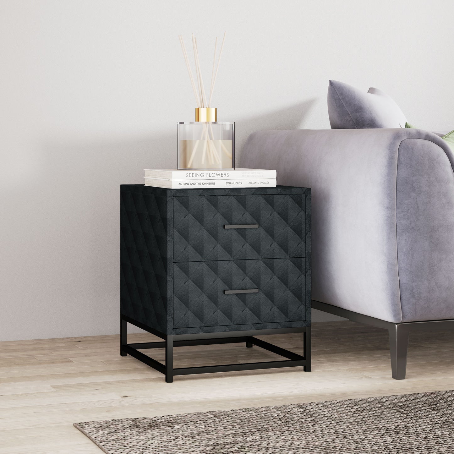 HOMCOM Bedside Tables Set of 2 Modern Nightstands With 2 Drawers Diamond Pattern Veneer Black Steel Legs