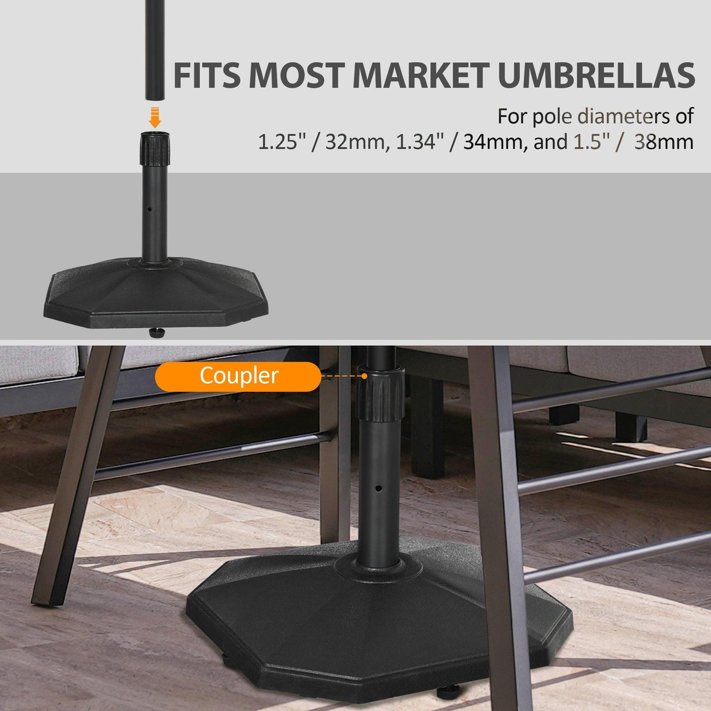 Outsunny 18kg Patio Parasol Base, Concrete Umbrella Base, 45.5cm Outdoor Umbrella Stand Holder for Parasol Poles 34mm, 38mm and 48mm, Black - ALL4U RETAILER LTD