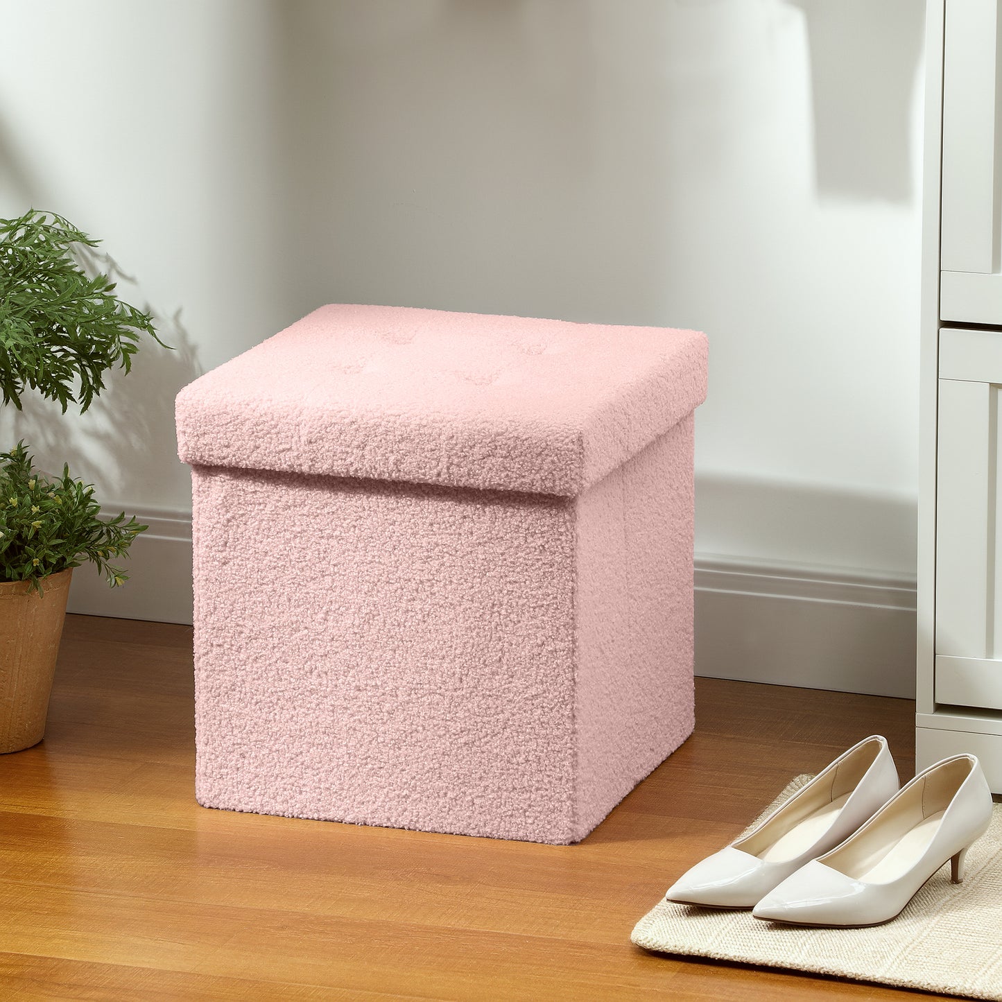 HOMCOM Foldable Sherpa Fleece Storage Ottoman Pink with High Density Foam Soft Touch Upholstery for Small Spaces