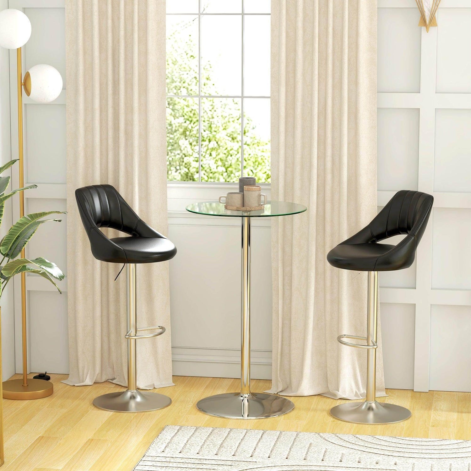 Round bar table with clear tempered glass top and chrome steel pedestal base, with two stools