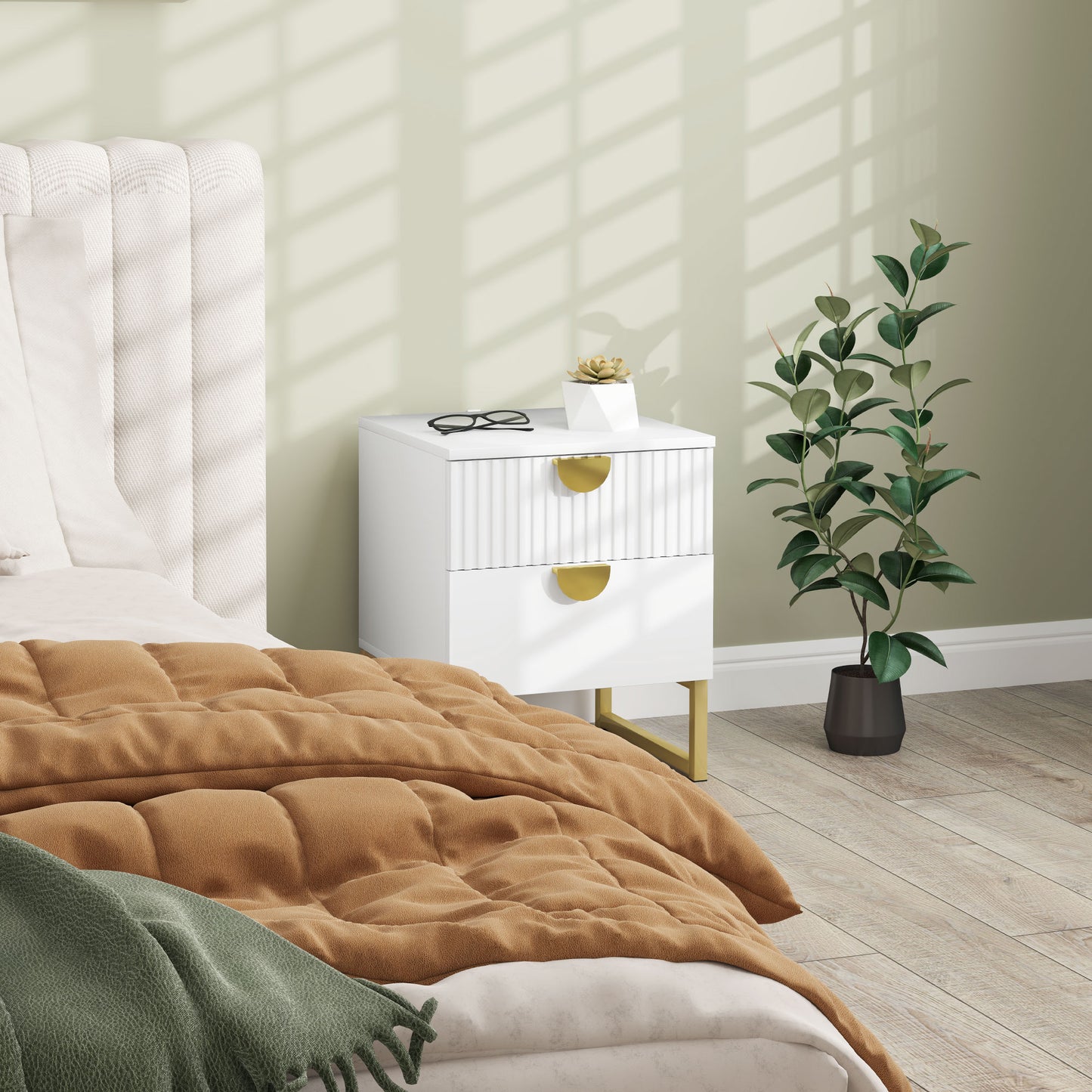 HOMCOM Elegant Two Drawers Bedside Table White With Gold Handles And Metal Base Frame