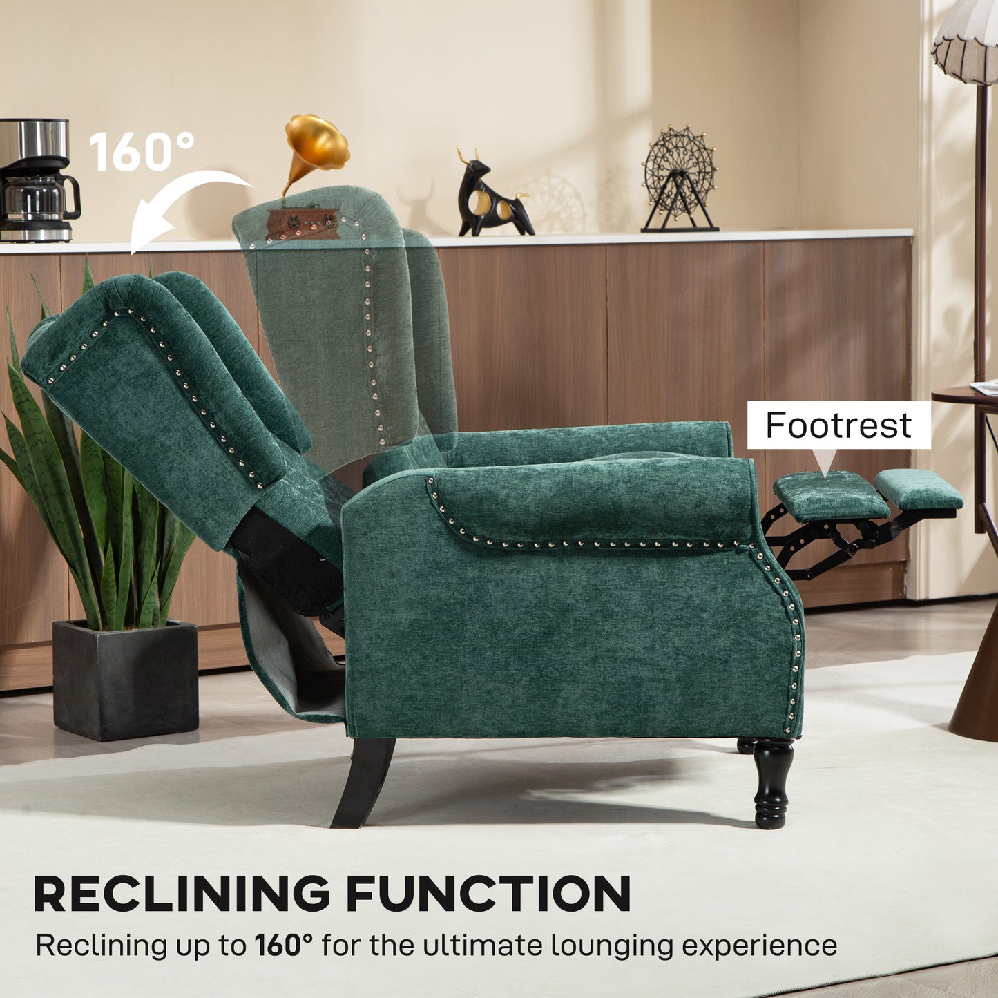 HomCom 150 Degree Reclining Vintage Armchair With Footrest In Dark Green Tufted Back And Wooden Frame