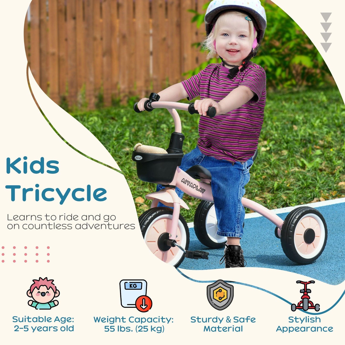 AIYAPLAY Kids Trike - Adjustable Seat, Basket, Bell - Pink - ALL4U RETAILER LTD