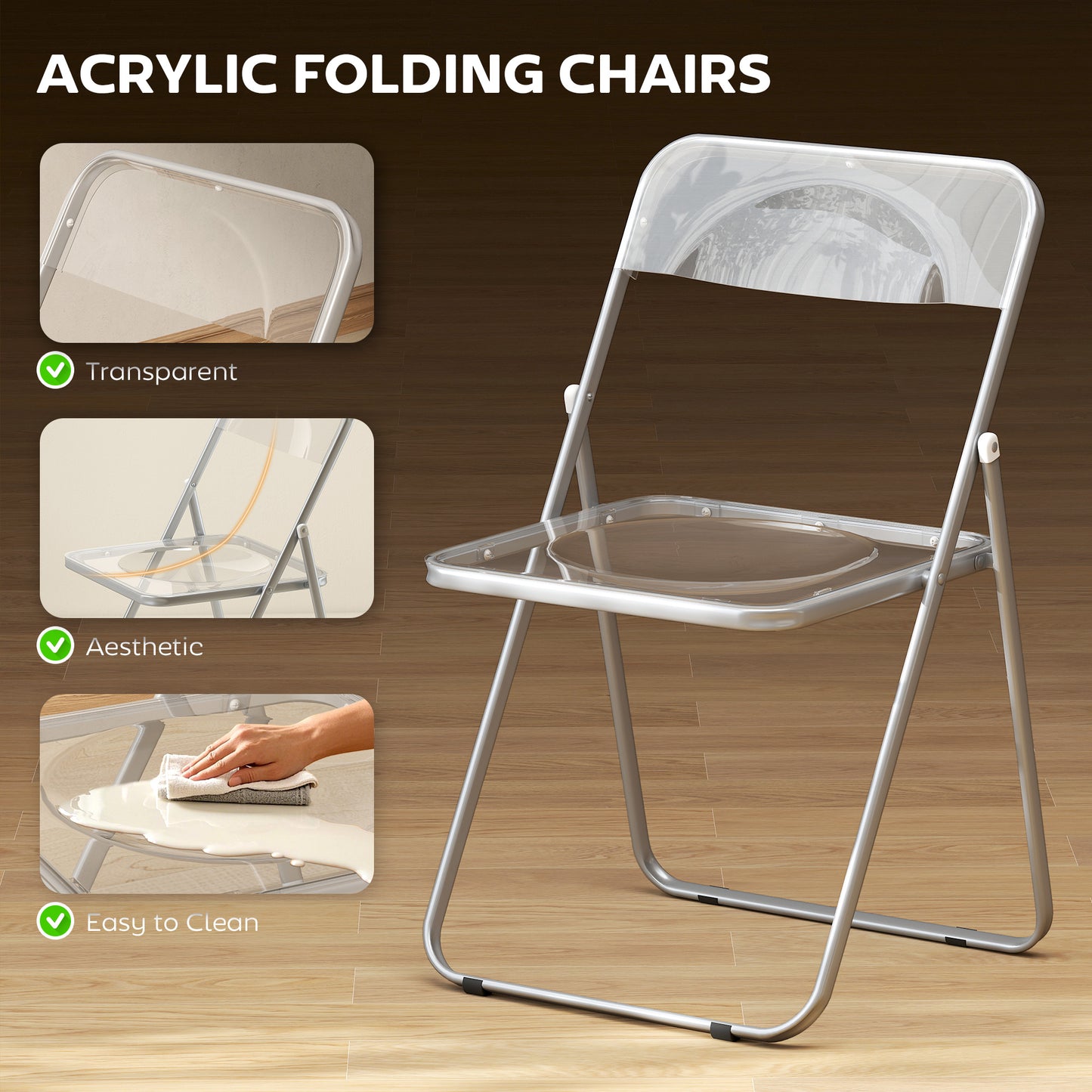 HOMCOM Acrylic Folding Chairs Transparent Seat and Backrest Space Saving Heavy Duty Steel Frame 47W x 48D x 75H cm