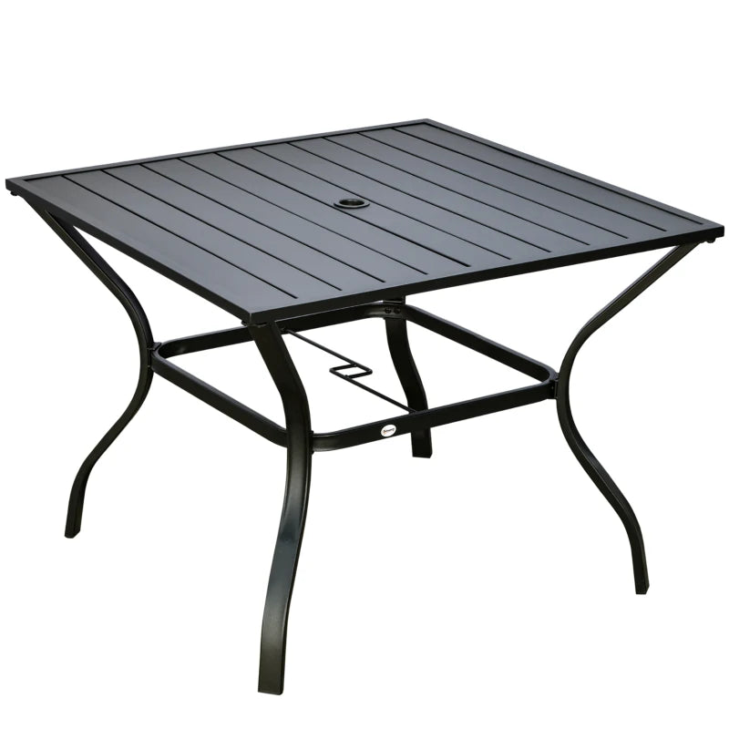 Outsunny 94 x 94 cm Garden Table with Parasol Hole - Outdoor Dining Table for Four with Slatted Metal Plate Top, Black Finish - ALL4U RETAILER LTD