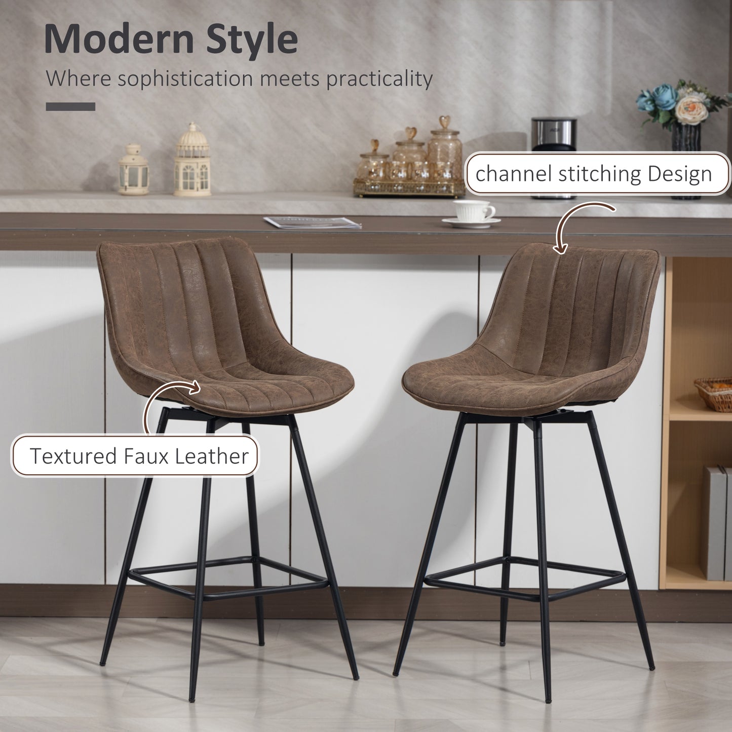 HOMCOM Set Of 2 PU Leather Swivel Bar Stools Brown For Kitchen Island Dining In Modern Home