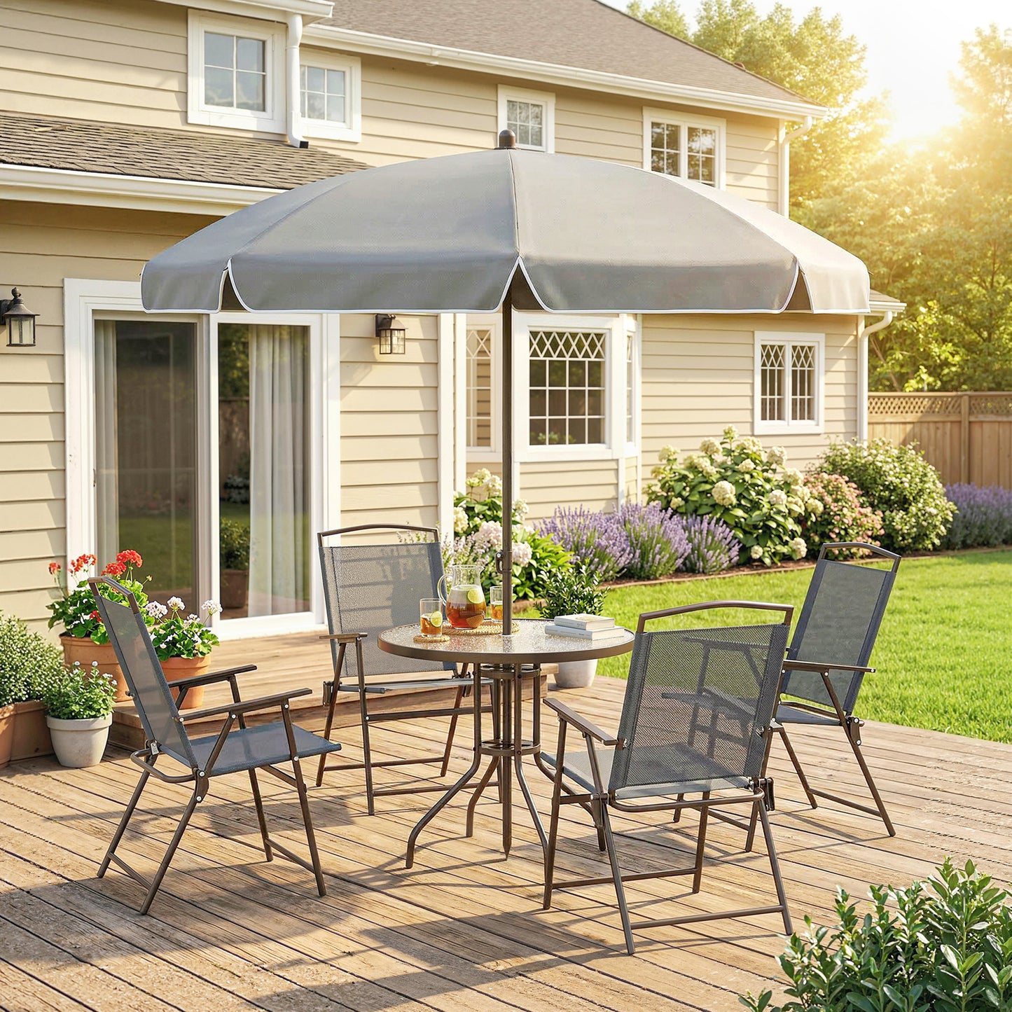 Outsunny 6 Piece Garden Dining Set With Umbrella Parasol Round Glass Table And 4 Folding Chairs In Dark Grey