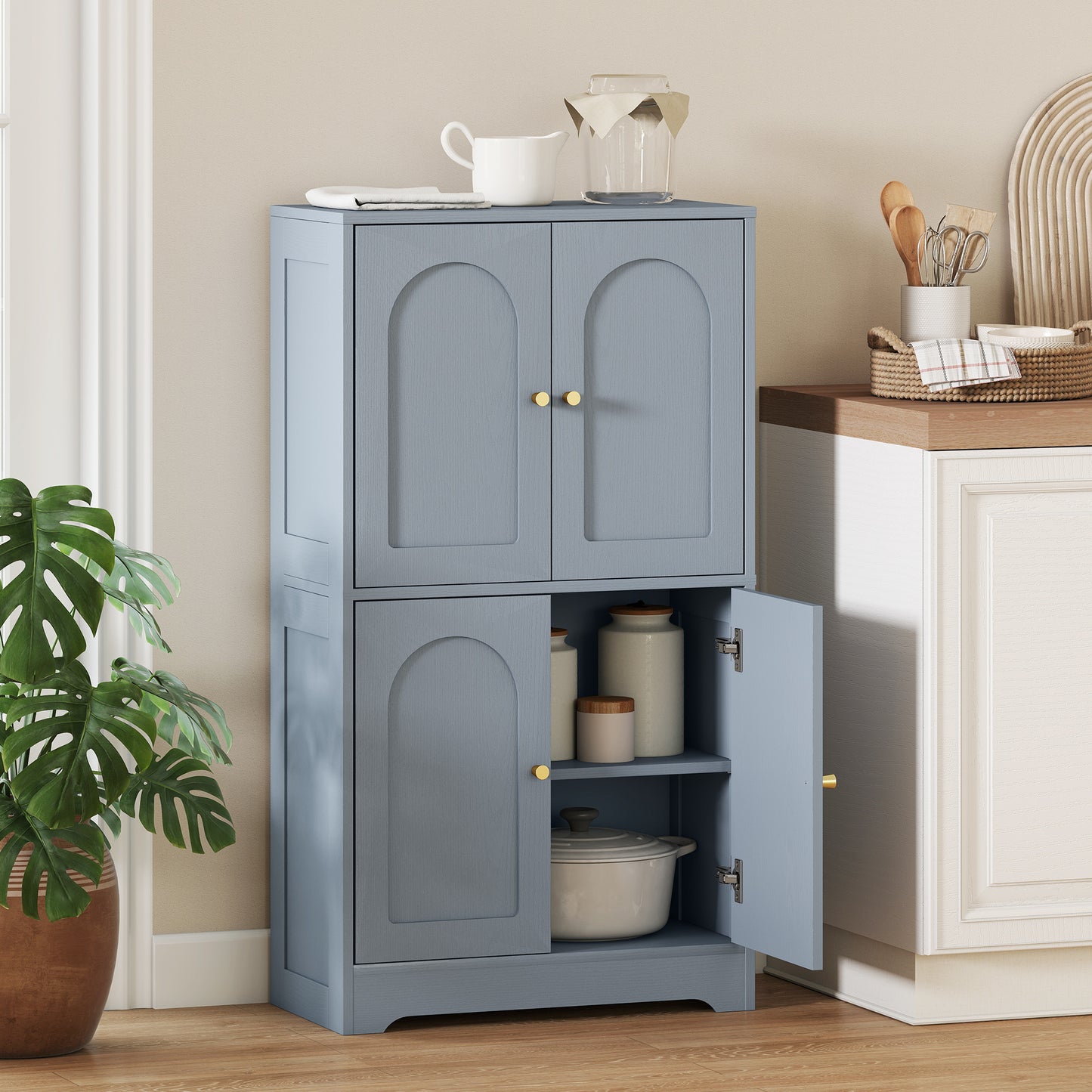 HOMCOM 4 Door Kitchen Storage Cabinet With Adjustable Shelves Grey Arched Door Panels And Gold Tone Handles