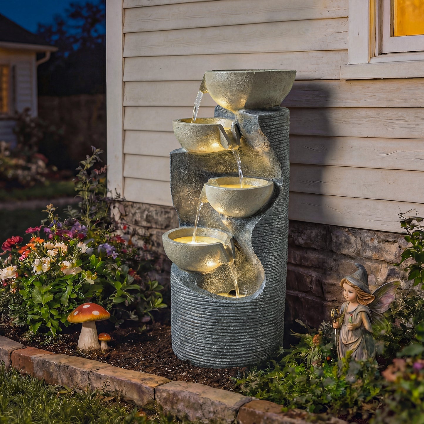 Outsunny Garden Water Feature Outdoor Water Fountain With LED Lights And Pump Five Tier Cascading Waterfall For Indoor