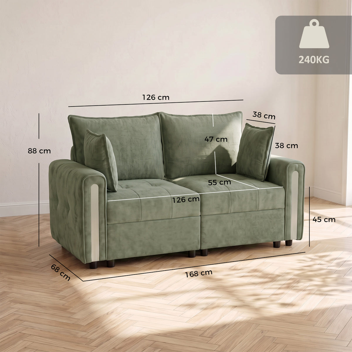 Dark green velvet 2-seater loveseat sofa with lift-up seat and boxed armrests