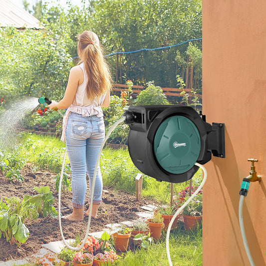Outsunny Retractable Hose Reel Wall Mounted 20m And 2m Hose With Auto Rewind 180 Degree Swivel 7 In 1 Nozzle Black