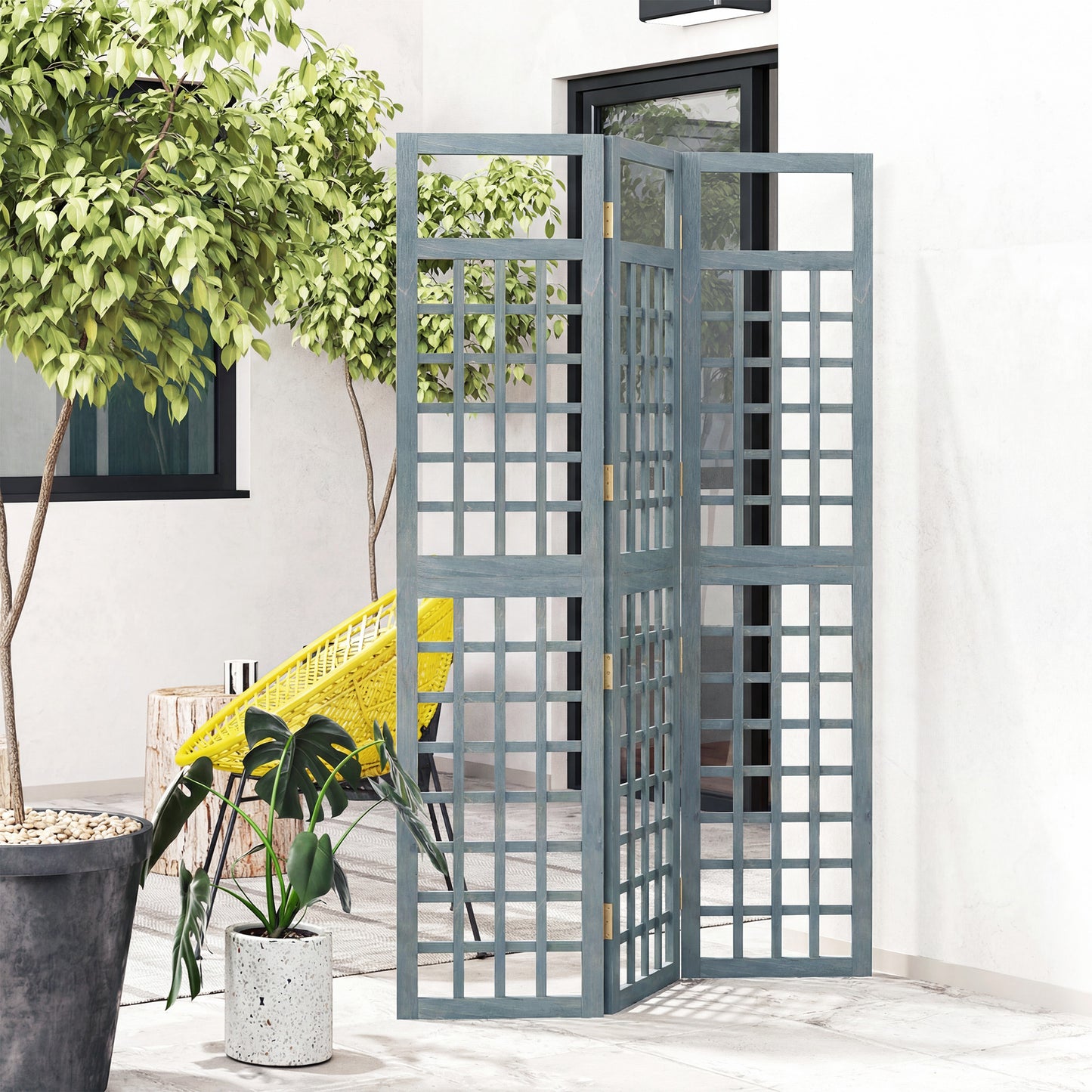 Outsunny 3 Panel Garden Privacy Screen Freestanding Foldable Wooden Outdoor Divider Trellis Grey