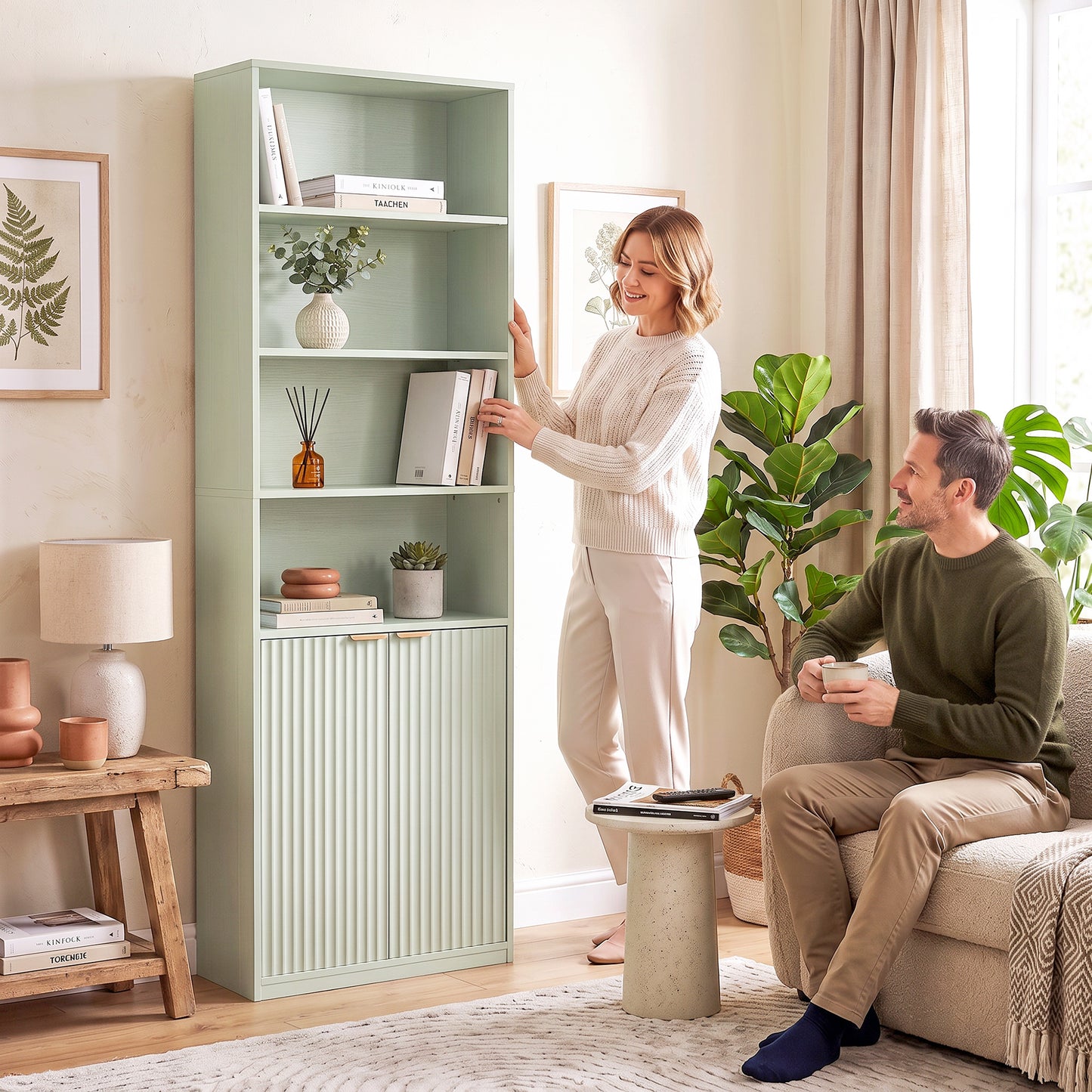 Homcom 6 Tier Slim Bookshelf With Adjustable Shelf And Cabinet Light Green